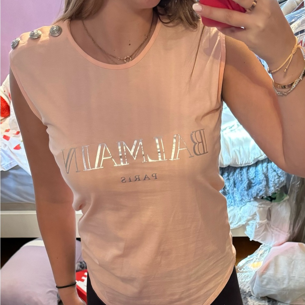 Balmain Cotton Logo Graphic Tank with Button Shoulder